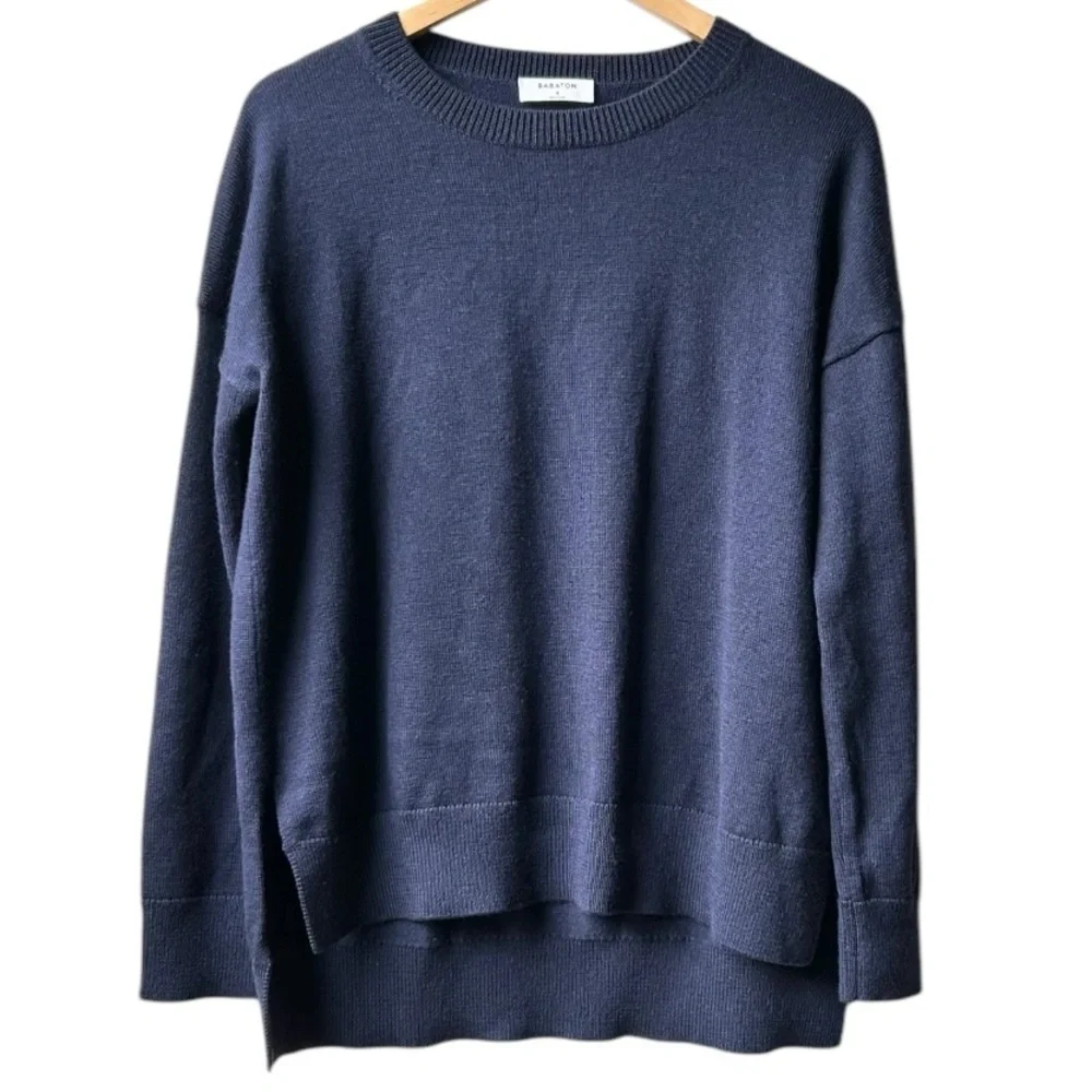 Aritzia Babaton Navy Blue Gunnar Pullover Knit Sweater Wool Step Hem Sz 2